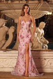 Mermaid Sequin Floral Pink Maxi Prom Dress