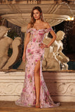 Off the Shoulder Mermaid Corset Sequin Floral Pink Prom Dress