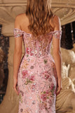 Off the Shoulder Mermaid Corset Sequin Floral Pink Prom Dress