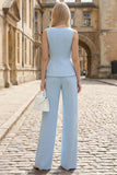 Sky Blue 2 Piece Sleeveless Slim Fit Women Suits