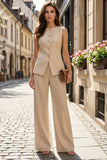 Round Neck 2 Piece Slim Fit Light Khaki Women Suits