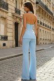 Halter Sky Blue 2 Piece Slim Fit Women Suits