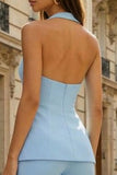 Halter Sky Blue 2 Piece Slim Fit Women Suits