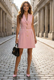 Notched Lapel A Line Pink Work Dress with Belt