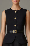 Black A Line Pleated Midi Work Dress with Belt