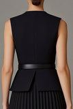 Black A Line Pleated Midi Work Dress with Belt