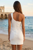 One Shoulder Bodycon Mini White Dress with Slit