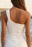 One Shoulder Bodycon Mini White Dress with Slit