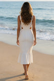 Mermaid Cut Out Midi White Dress with Ruffles