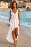 A Line High Low Lace White Dress with Ruffles