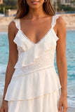 A Line High Low Lace White Dress with Ruffles