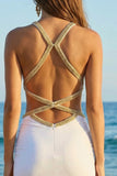 Sparkly Halter Bodycon Cut Out White Dress