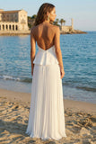 Strapless A Line Pleated Ruffled Maxi White Dress