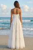 Strapless A Line Pleated Ruffled Lace Maxi White Dress