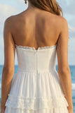 Strapless A Line Pleated Ruffled Lace Maxi White Dress