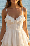 A Line Lace Mini White Dress with Ruffles