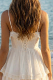 A Line Lace Mini White Dress with Ruffles