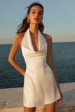 A Line Satin Halter Mini White Dress