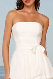 Strapless Tiered Midi White Dress with Bow