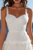 A Line Ruffled Mini White Graduation Dress