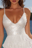 Sparkly A Line Tiered Mini White Graduation Dress