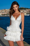 Sparkly Beaded Mini White Graduation Dress with Ruffles