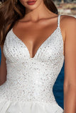 Sparkly Beaded Mini White Graduation Dress with Ruffles