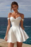 Off the Shoulder Satin A Line Mini White Graduation Dress