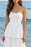 Tiered Strapless White Midi Engagement Dress