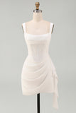 Square Neck Bodycon Mini White Dress with Ruffles