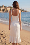 Ruffled Corset Midi White Dress with Slit