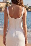 Ruffled Corset Midi White Dress with Slit