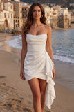 Strapless Ruched Mini White Dress with Ruffles