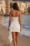 Strapless Ruched Mini White Dress with Ruffles