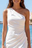One Shoulder Ruched Bodycon Mini White Dress with slit