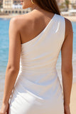 One Shoulder Ruched Bodycon Mini White Dress with slit