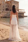 Strapless A Line Lace Maxi White Dress