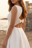 Bateau Neck A Line Midi White Dress with Lace