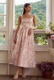 Blush Floral A Line Square Neck Brocade Wedding Guest Dress