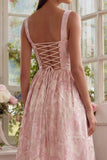 Blush Floral A Line Square Neck Brocade Wedding Guest Dress