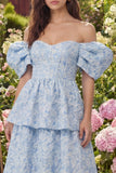 Blue Tiered Floral Off the Shoulder Wedding Guest Dress