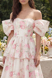 White Floral Off the Shoulder Tiered Wedding Guest Dress