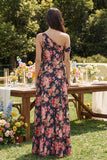 A Line Asymmetrical Neck Pink Floral Wedding Guest Dress