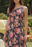 A Line Asymmetrical Neck Pink Floral Wedding Guest Dress