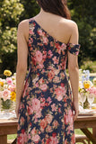 A Line Asymmetrical Neck Pink Floral Wedding Guest Dress