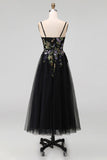 Black Embroidered Tulle A Line Midi Wedding Guest Dress