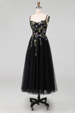 Black Embroidered Tulle A Line Midi Wedding Guest Dress