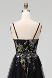 Black Embroidered Tulle A Line Midi Wedding Guest Dress