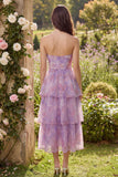 Strapless Floral Purple Tiered Wedding Guest Dress