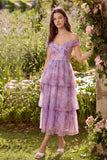 Off the Shoulder Floral Purple Tiered Wedding Guest Dress